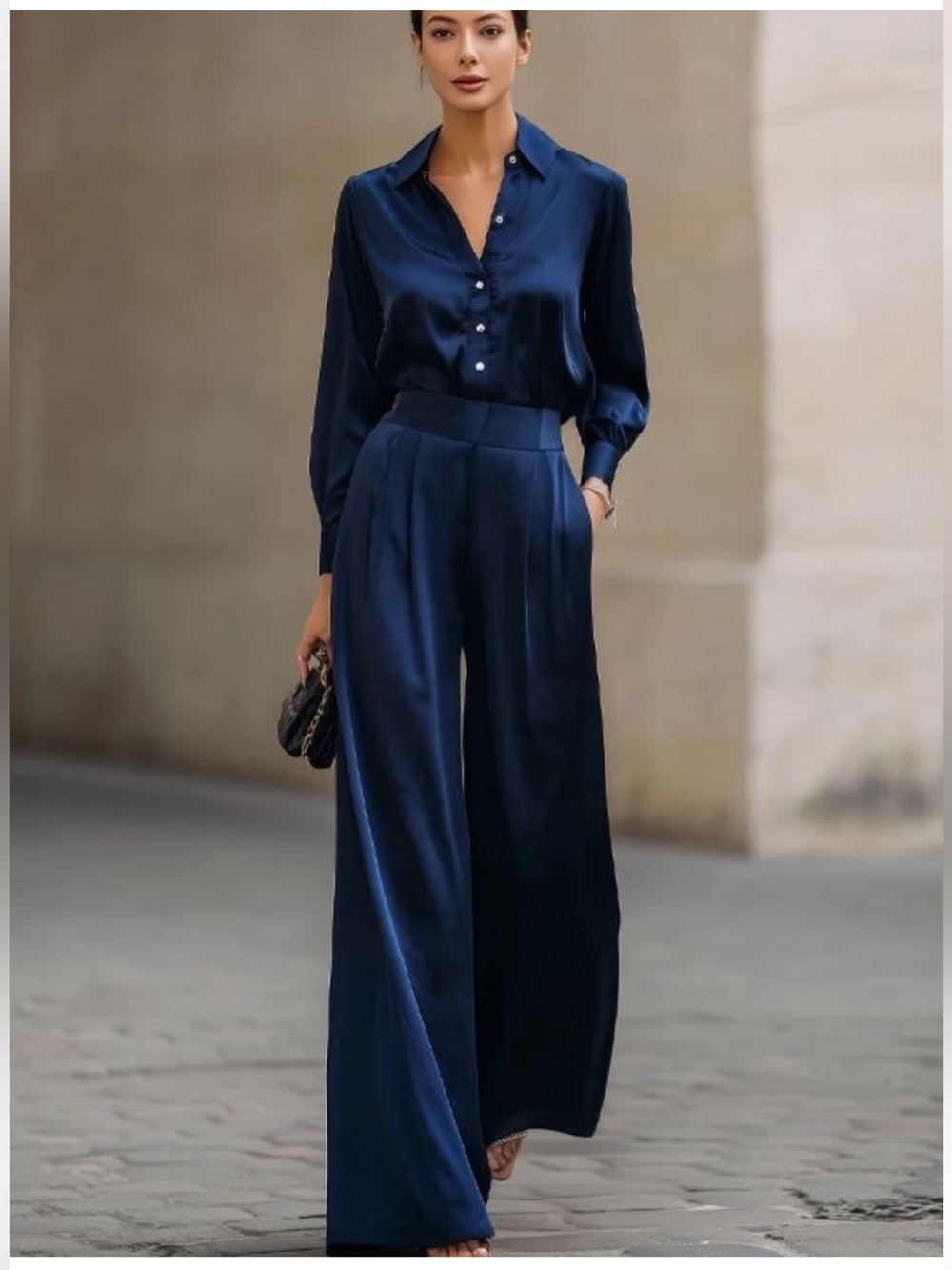 Women's Navy Stretch Satin Set Wide-Leg Pants High-Waist Trousers and Blouse New